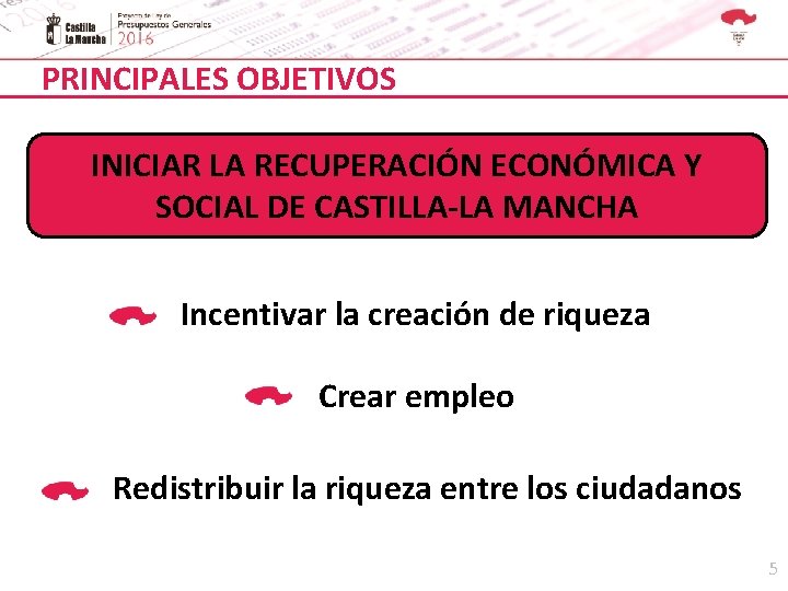 PRINCIPALES OBJETIVOS INICIAR LA RECUPERACIÓN ECONÓMICA Y SOCIAL DE CASTILLA-LA MANCHA Incentivar la creación