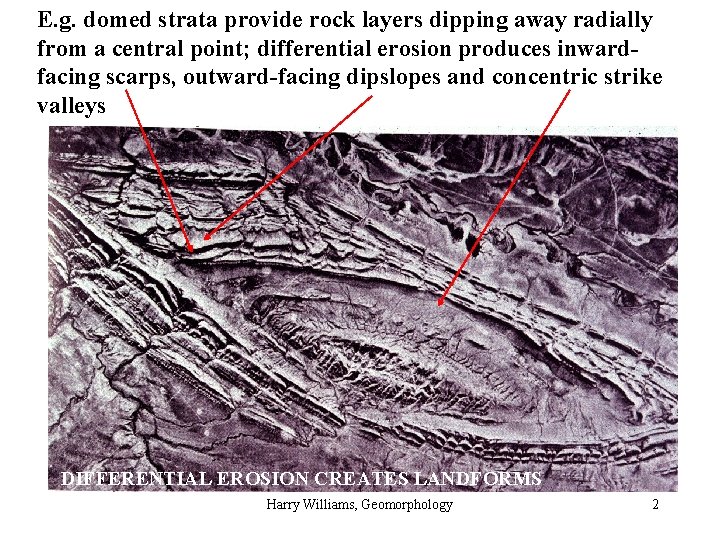 E. g. domed strata provide rock layers dipping away radially from a central point;