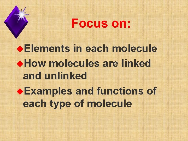 Focus on: u. Elements in each molecule u. How molecules are linked and unlinked