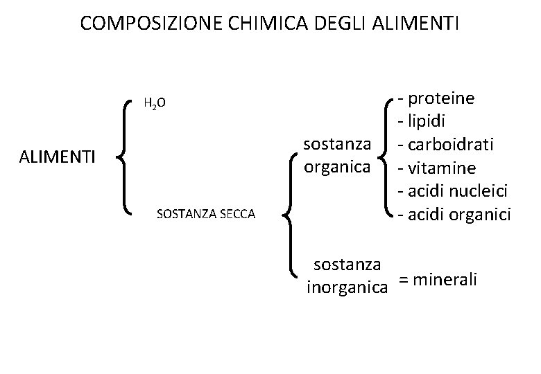 COMPOSIZIONE CHIMICA DEGLI ALIMENTI H 2 O sostanza organica ALIMENTI SOSTANZA SECCA - proteine