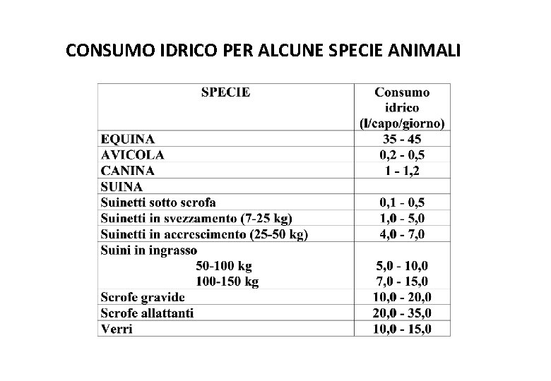 CONSUMO IDRICO PER ALCUNE SPECIE ANIMALI 