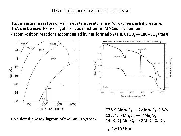 TGA: thermogravimetric analysis TGA measure mass loss or gain with temperature and/or oxygen partial