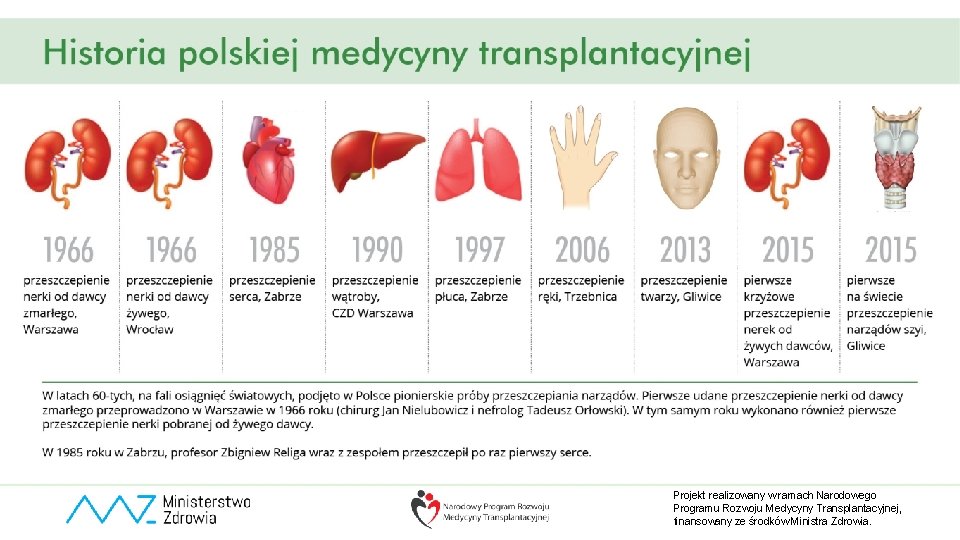 Projekt realizowany w ramach Narodowego Programu Rozwoju Medycyny Transplantacyjnej, finansowany ze środków Ministra Zdrowia.