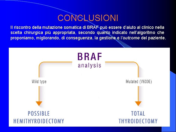 CONCLUSIONI Il riscontro della mutazione somatica di BRAF può essere d’aiuto al clinico nella