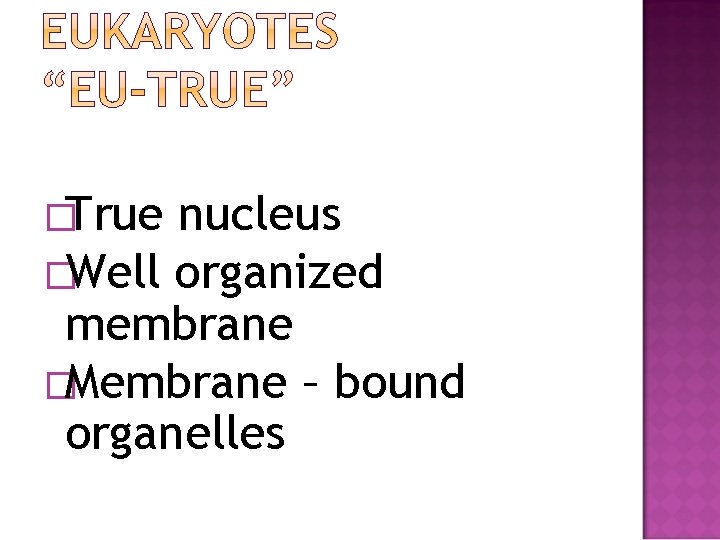 �True nucleus �Well organized membrane �Membrane – bound organelles 