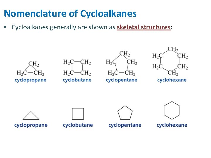 Nomenclature of Cycloalkanes • Cycloalkanes generally are shown as skeletal structures: 
