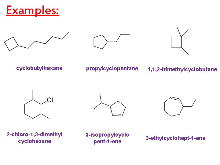 Examples: cyclobutylhexane 2 -chloro-1, 3 -dimethyl cyclohexane propylcyclopentane 3 -isopropylcyclo pent-1 -ene 1, 1,