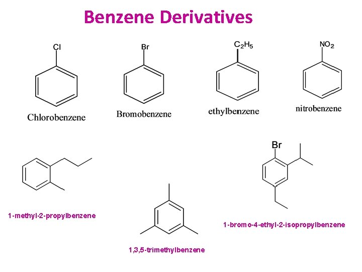 Benzene Derivatives 1 -methyl-2 -propylbenzene 1 -bromo-4 -ethyl-2 -isopropylbenzene 1, 3, 5 -trimethylbenzene 