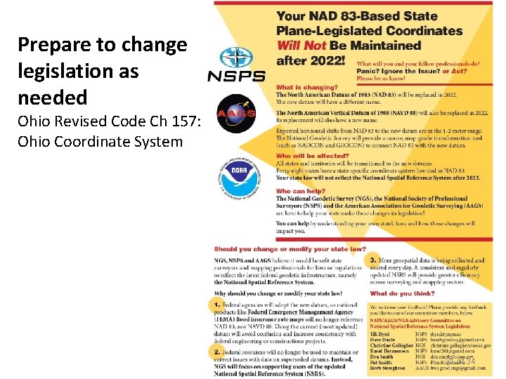 Prepare to change legislation as needed Ohio Revised Code Ch 157: Ohio Coordinate System