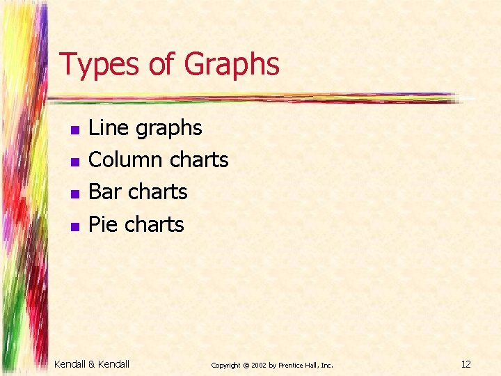 Types of Graphs n n Line graphs Column charts Bar charts Pie charts Kendall