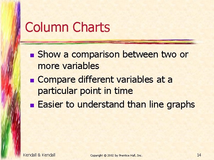 Column Charts n n n Show a comparison between two or more variables Compare