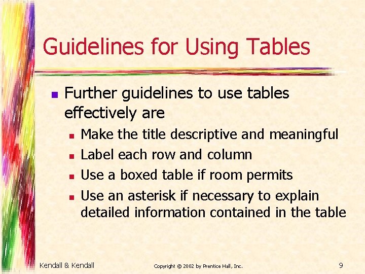 Guidelines for Using Tables n Further guidelines to use tables effectively are n n