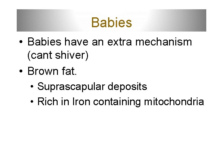 Babies • Babies have an extra mechanism (cant shiver) • Brown fat. • Suprascapular