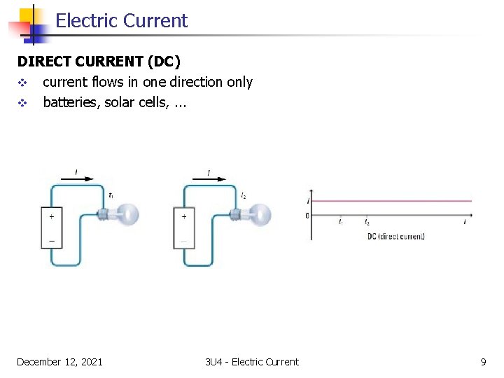 Electric Current DIRECT CURRENT (DC) v current flows in one direction only v batteries,