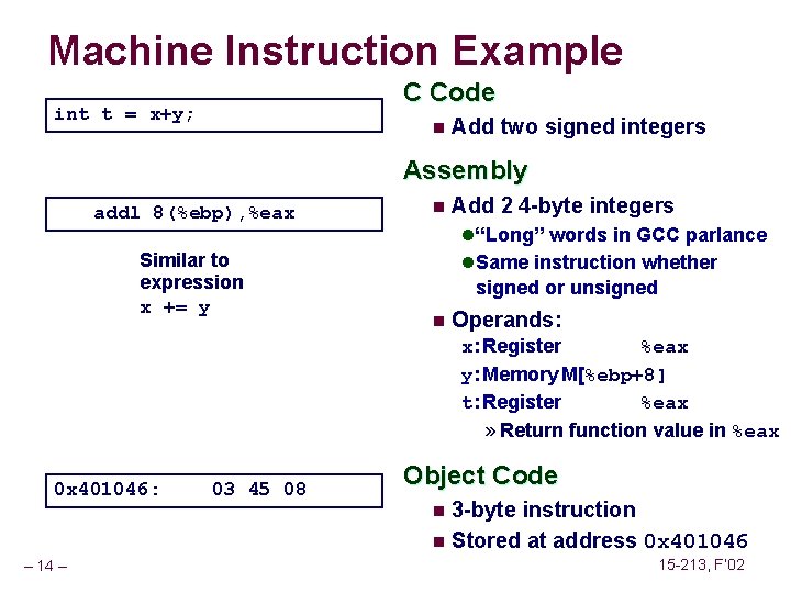 Machine Instruction Example C Code int t = x+y; n Add two signed integers