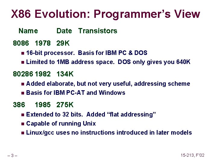 X 86 Evolution: Programmer’s View Name Date Transistors 8086 1978 29 K 16 -bit