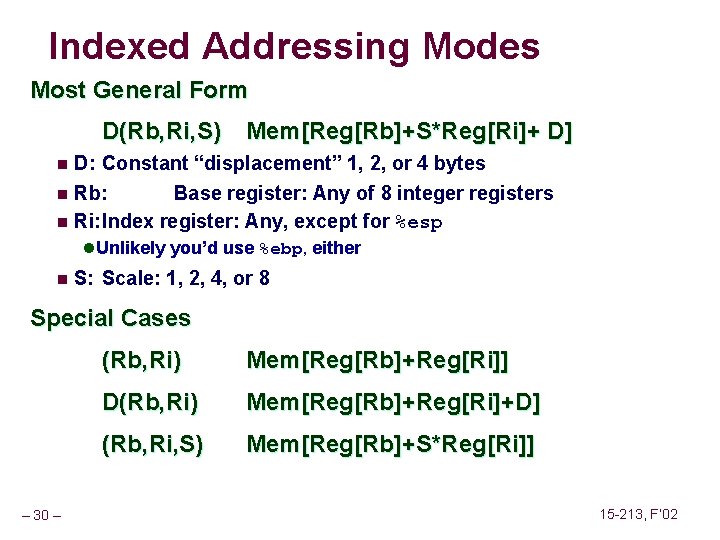 Indexed Addressing Modes Most General Form D(Rb, Ri, S) Mem[Reg[Rb]+S*Reg[Ri]+ D] D: Constant “displacement”