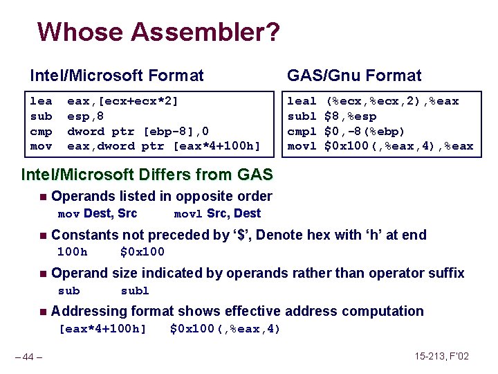 Whose Assembler? Intel/Microsoft Format GAS/Gnu Format lea sub cmp mov leal subl cmpl movl