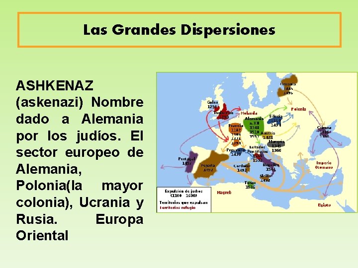 Las Grandes Dispersiones ASHKENAZ (askenazi) Nombre dado a Alemania por los judíos. El sector