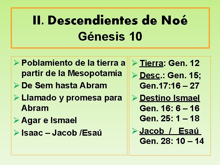 II. Descendientes de Noé Génesis 10 Ø Poblamiento de la tierra a partir de