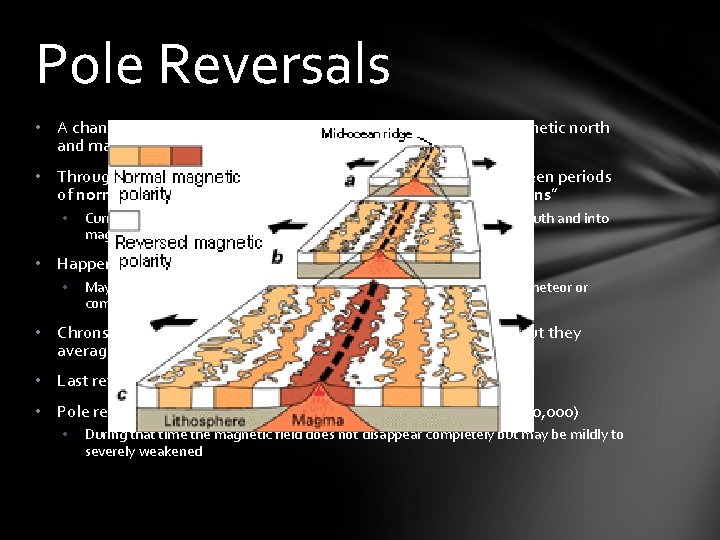 Pole Reversals • A change in the geomagnetic field such that the positions of