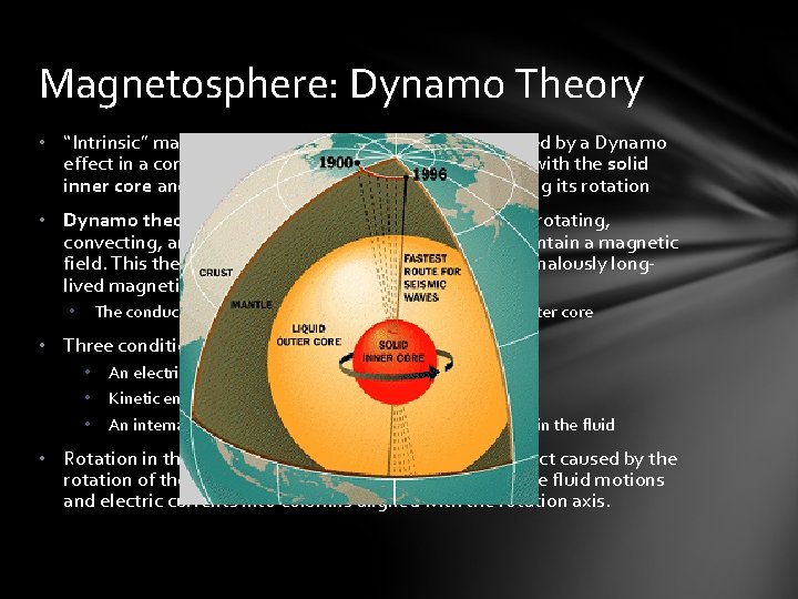 Magnetosphere: Dynamo Theory • “Intrinsic” magnetic field of Earth is thought to be caused