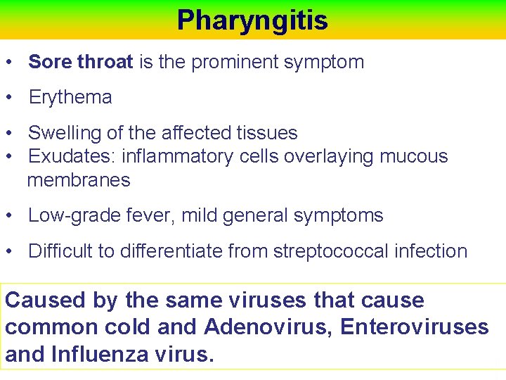 Pharyngitis • Sore throat is the prominent symptom • Erythema • Swelling of the