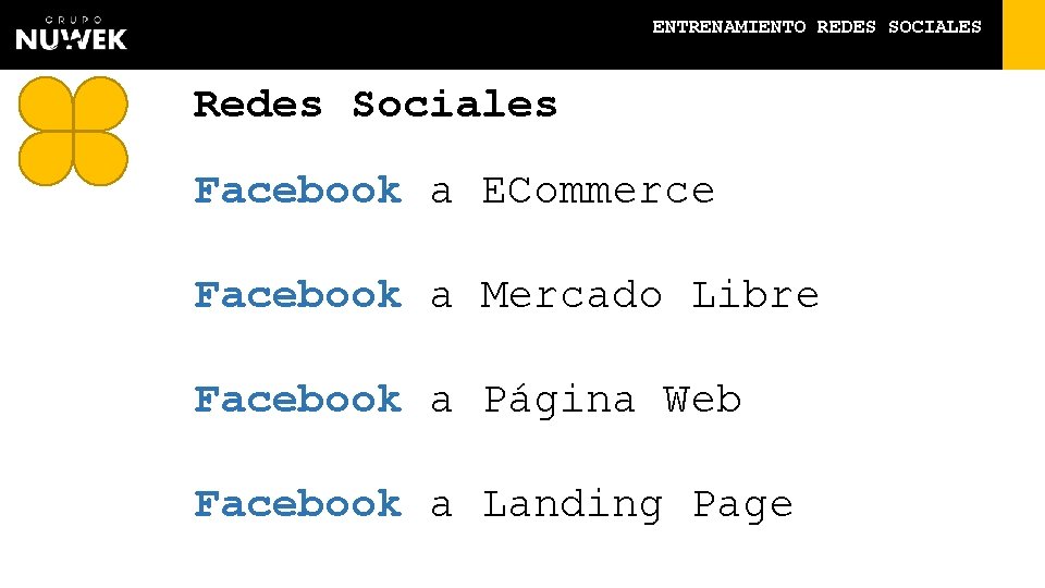 ENTRENAMIENTO REDES SOCIALES Redes Sociales Facebook a ECommerce Facebook a Mercado Libre Facebook a