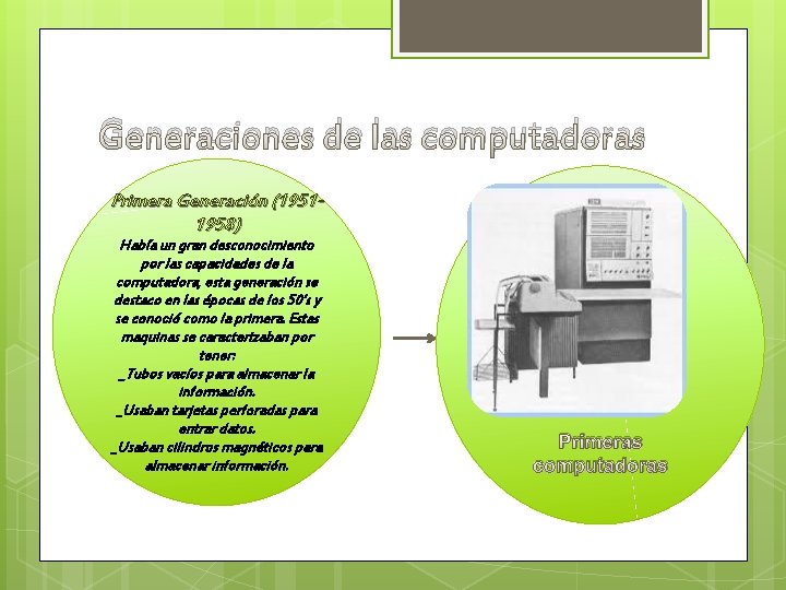 Generaciones de las computadoras Primera Generación (19511958) Había un gran desconocimiento por las capacidades