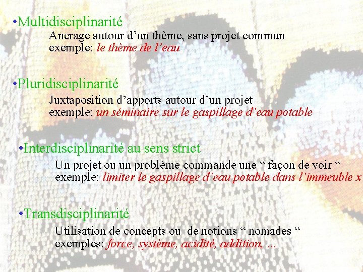  • Multidisciplinarité Ancrage autour d’un thème, sans projet commun exemple: le thème de