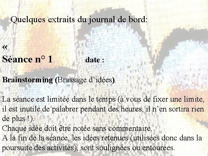 Quelques extraits du journal de bord: « Séance n° 1 date : Brainstorming (Brassage