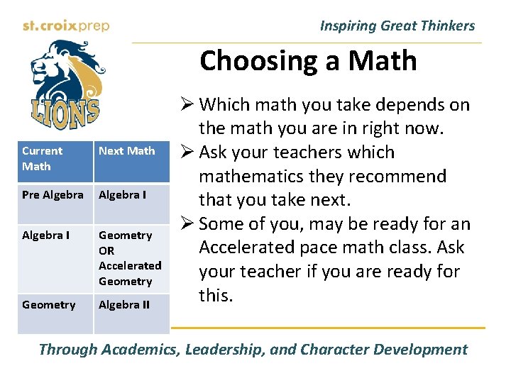 Inspiring Great Thinkers Choosing a Math Current Math Next Math Pre Algebra I Geometry