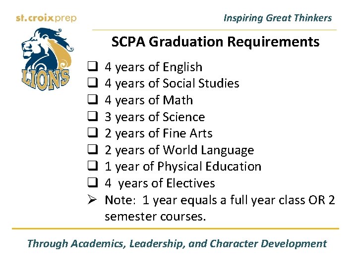 Inspiring Great Thinkers SCPA Graduation Requirements q q q q Ø 4 years of