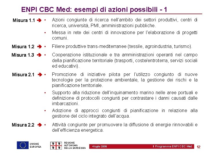 ENPI CBC Med: esempi di azioni possibili - 1 Misura 1. 1 • Azioni