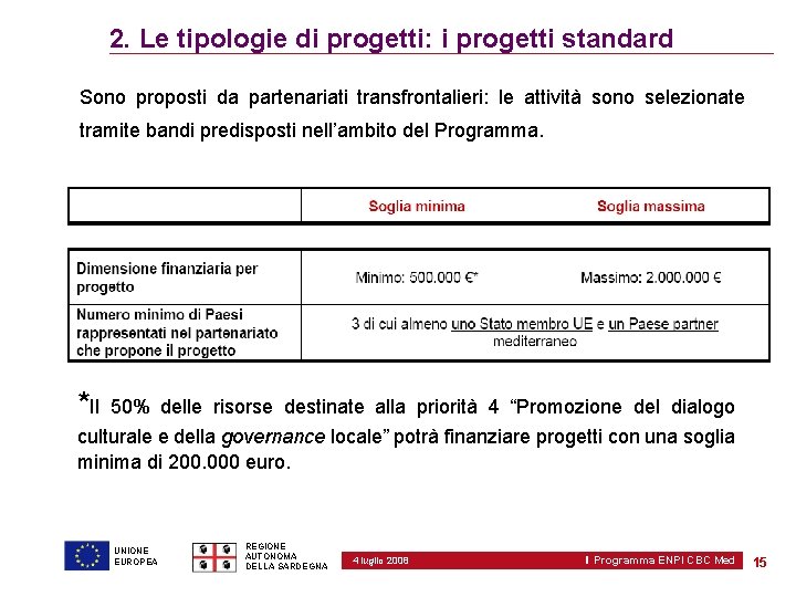 2. Le tipologie di progetti: i progetti standard Sono proposti da partenariati transfrontalieri: le