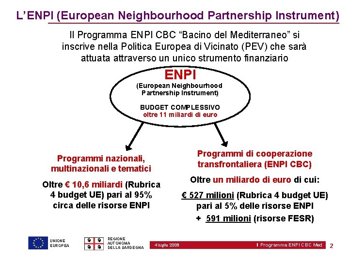 L’ENPI (European Neighbourhood Partnership Instrument) Il Programma ENPI CBC “Bacino del Mediterraneo” si inscrive