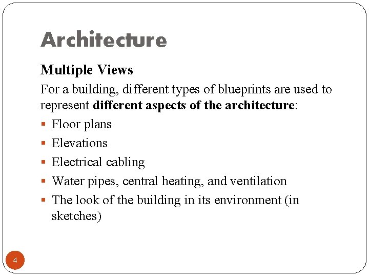 Architecture Multiple Views For a building, different types of blueprints are used to represent