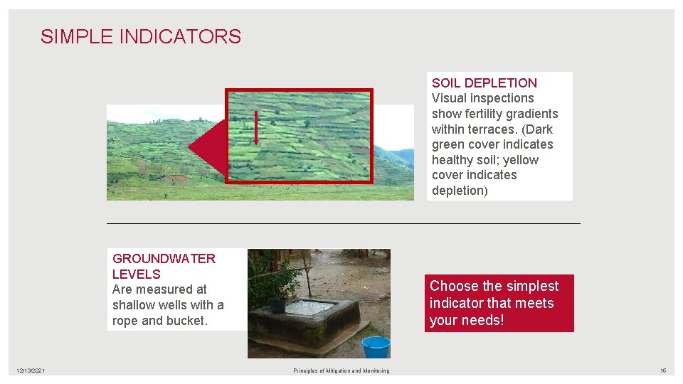 SIMPLE INDICATORS SOIL DEPLETION Visual inspections show fertility gradients within terraces. (Dark green cover