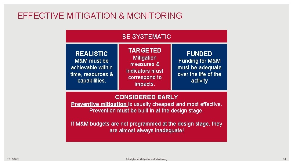 EFFECTIVE MITIGATION & MONITORING BE SYSTEMATIC REALISTIC M&M must be achievable within time, resources