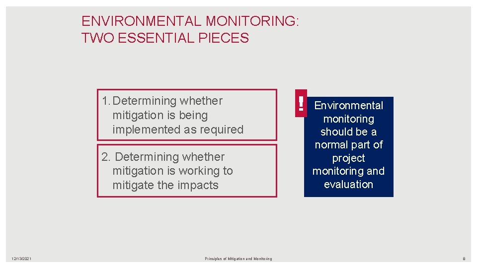 ENVIRONMENTAL MONITORING: TWO ESSENTIAL PIECES 1. Determining whether mitigation is being implemented as required