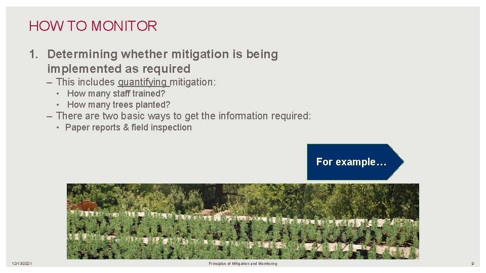 HOW TO MONITOR 1. Determining whether mitigation is being implemented as required – This
