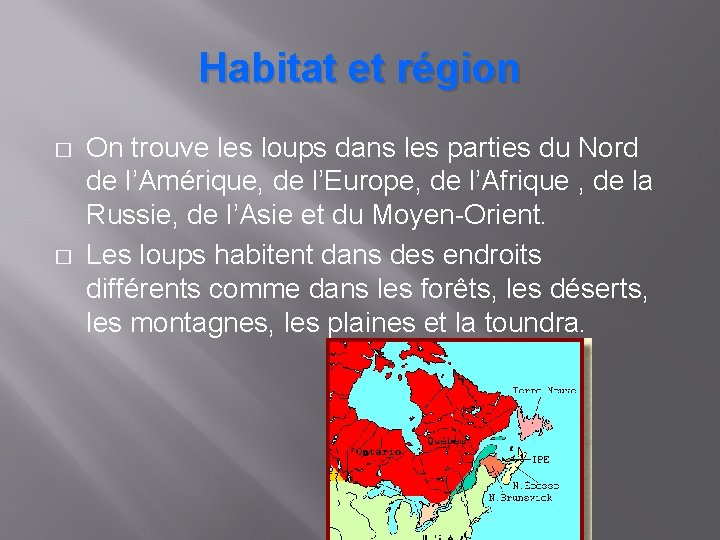 Habitat et région � � On trouve les loups dans les parties du Nord