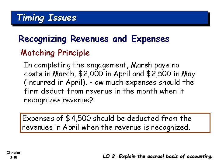 Timing Issues Recognizing Revenues and Expenses Matching Principle In completing the engagement, Marsh pays