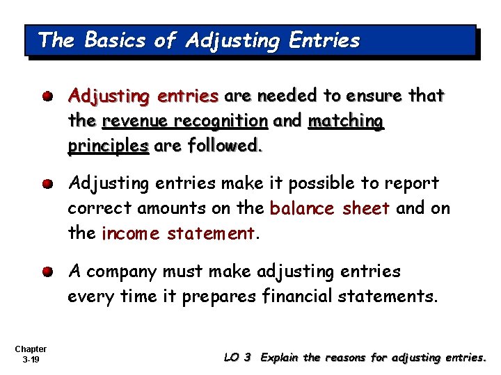 The Basics of Adjusting Entries Adjusting entries are needed to ensure that the revenue