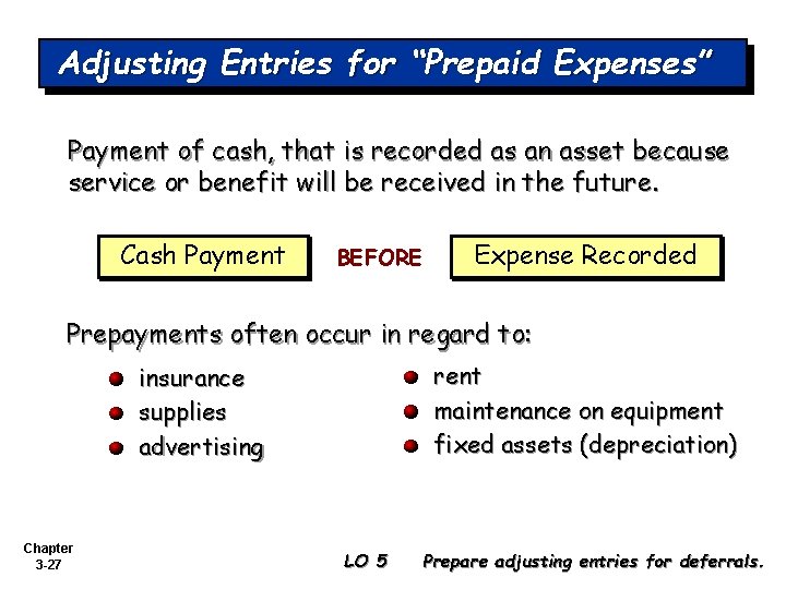 Adjusting Entries for “Prepaid Expenses” Payment of cash, that is recorded as an asset