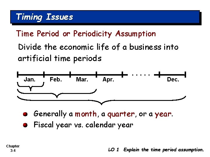 Timing Issues Time Period or Periodicity Assumption Divide the economic life of a business