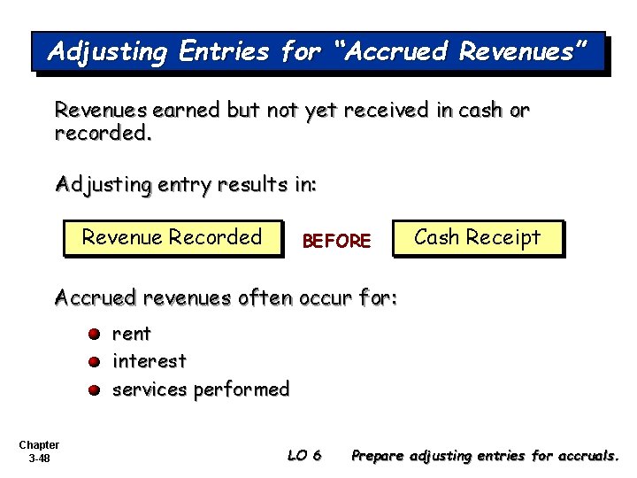 Adjusting Entries for “Accrued Revenues” Revenues earned but not yet received in cash or