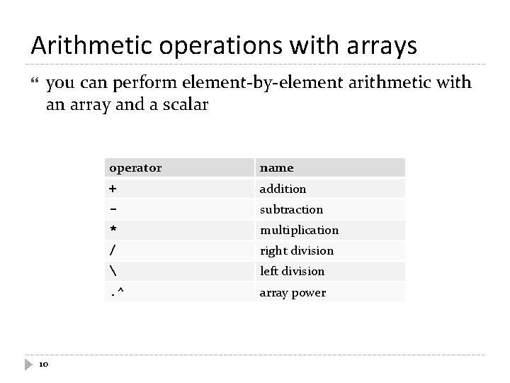 Arithmetic operations with arrays you can perform element-by-element arithmetic with an array and a