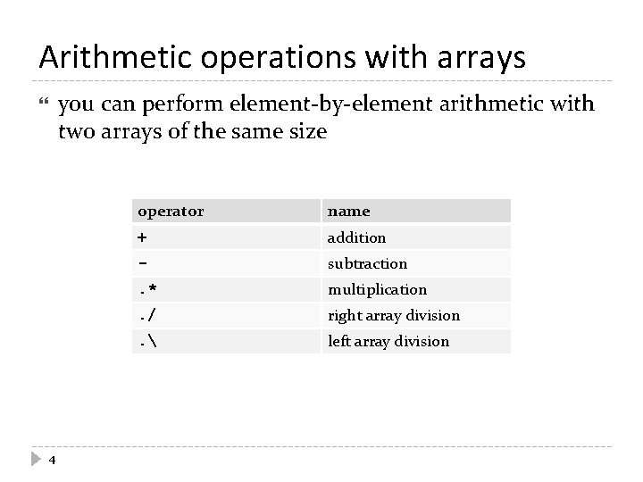 Arithmetic operations with arrays you can perform element-by-element arithmetic with two arrays of the