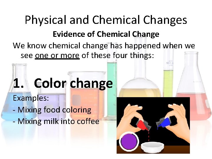Physical and Chemical Changes Evidence of Chemical Change We know chemical change has happened Physical and Chemical Changes Evidence of Chemical Change We know chemical change has happened